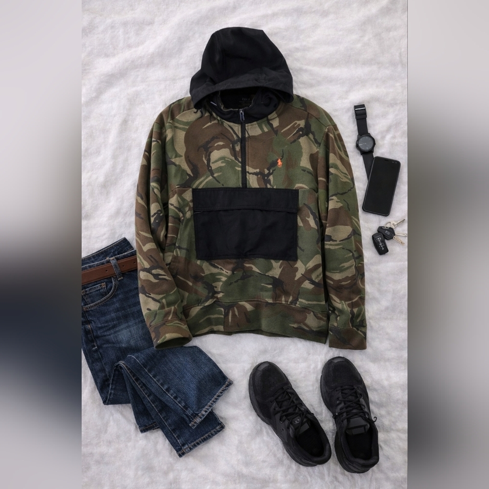 Polo Ralph Lauren Green Camo Water Repellant Hybrid Hoodie. Mens Large